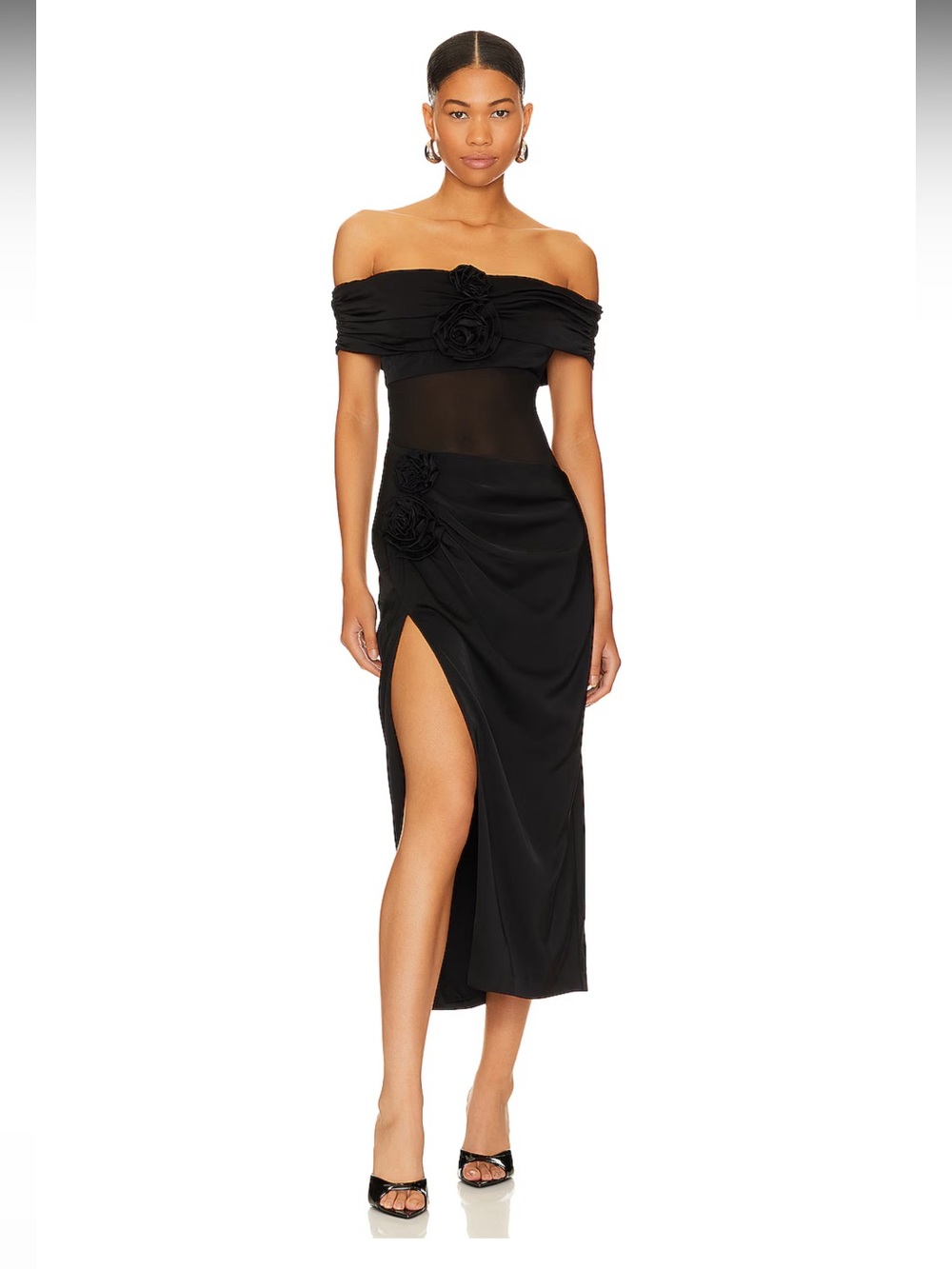 NBD Black Off-Shoulder Sheer Waist Midi Dress with Side Slit